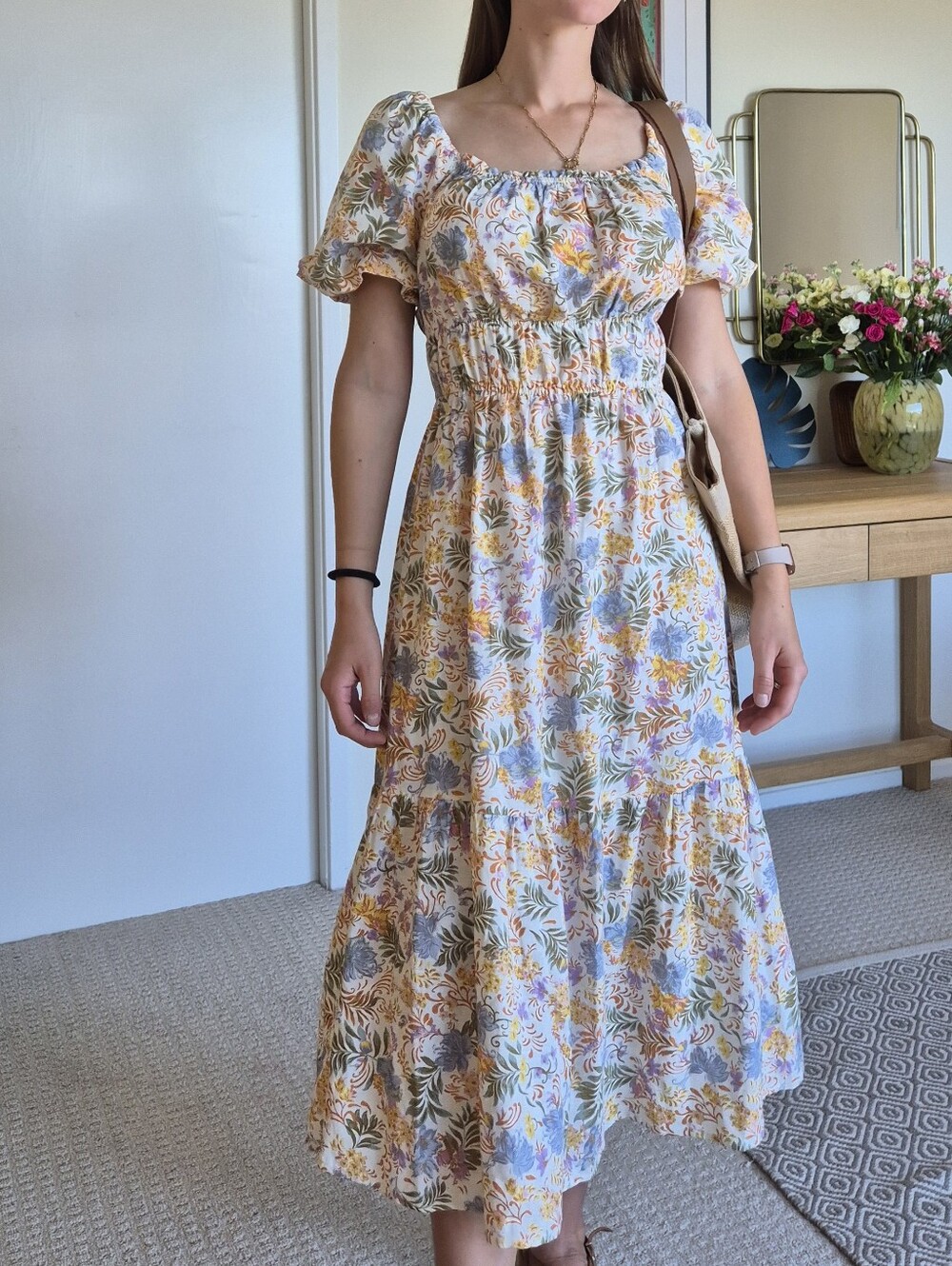 Floral Puff-Sleeve Midi Milkmaid Dress in Pastel Multi